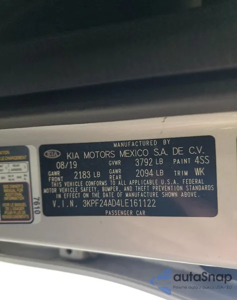 2020 Kia Forte Fe from USA, damaged, VIN 3KPF24AD4LE161122